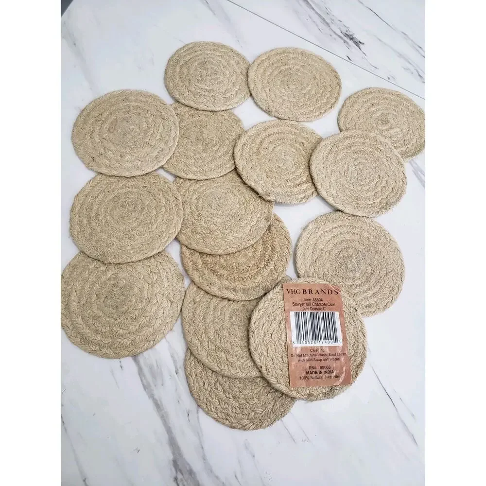 VHC Brand Coasters Cumberland Jute Rustic 4in Set of 15 Cow Chicken Pig Hen Farm